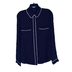 Ann Taylor Womens Silk Blouse Sz XL Button-Up Long Sleeve Navy & White Career